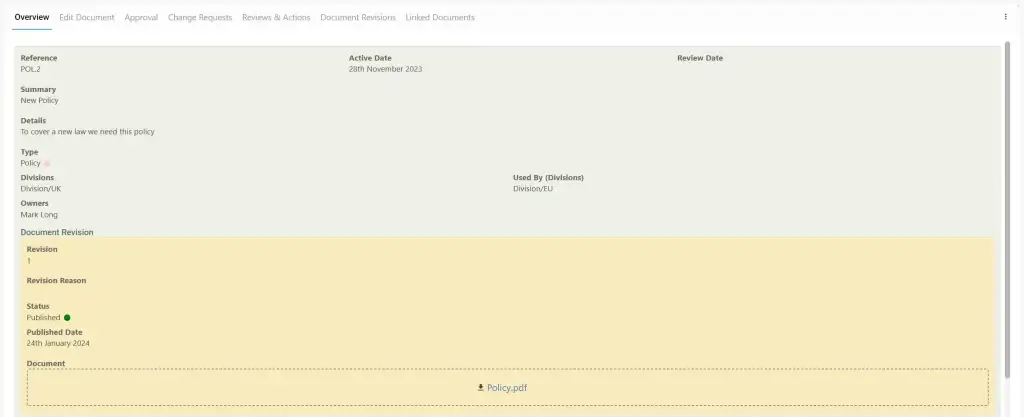 A Screenshot of the Document Management module record details with various fields of data.