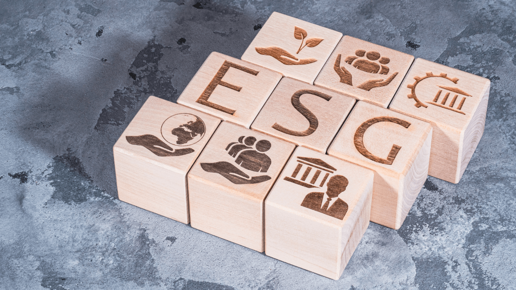 Nine wooden blocks in rows of three and slightly offset. The middle ros has the letters ESG and the six blocks above and below show symbols related to the topic.