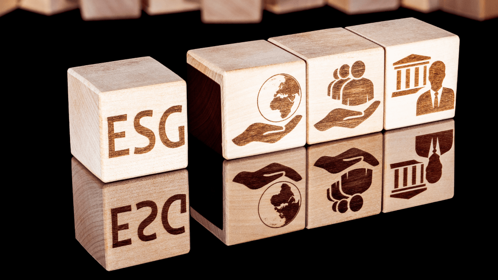 Four wooden blocks, one with ESG and the other three with related silhouettes.